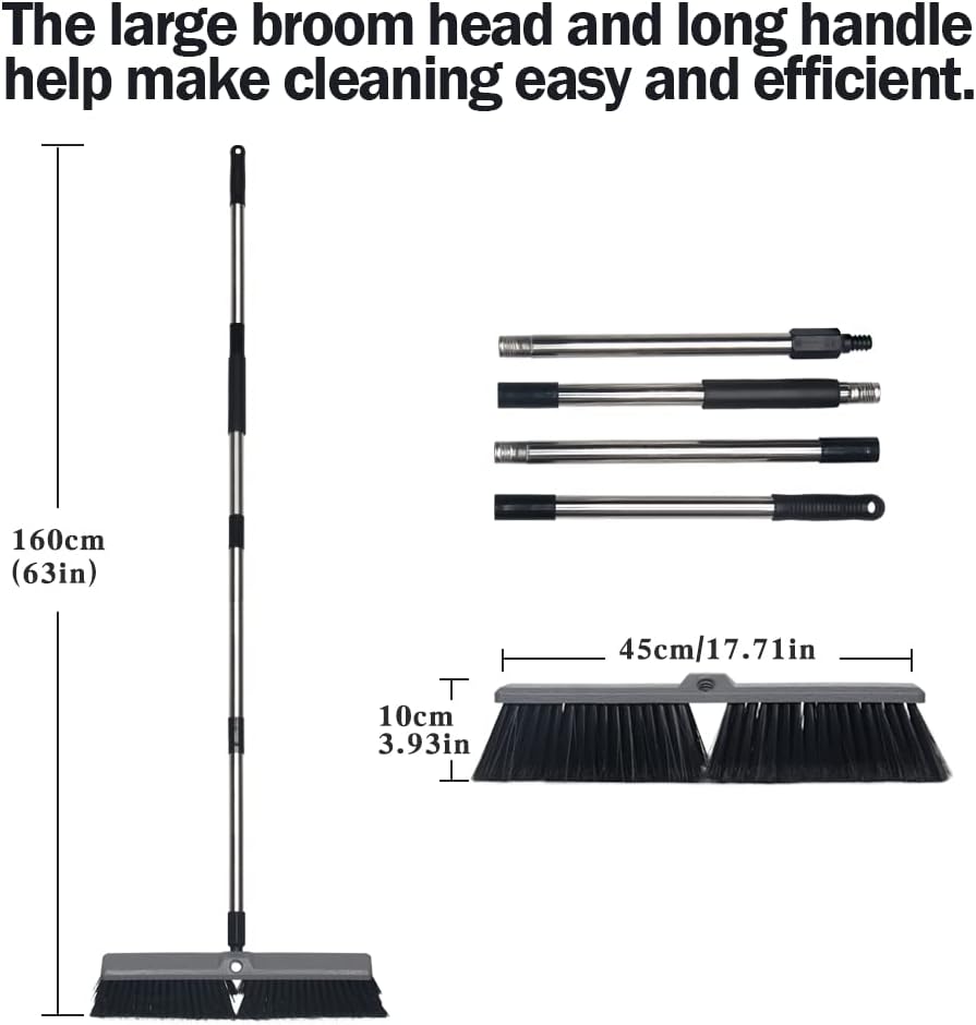 18 Inch Push Broom Brush Outdoor Heavy Duty Broom Stiff Bristles Commercial Outdoor Broom Brush for Cleaning Garage Driveway Yard Patio Deck Concrete Wood Stone Floor with 63" Long Handle
