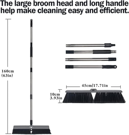 18 Inch Push Broom Brush Outdoor Heavy Duty Broom Stiff Bristles Commercial Outdoor Broom Brush for Cleaning Garage Driveway Yard Patio Deck Concrete Wood Stone Floor with 63" Long Handle