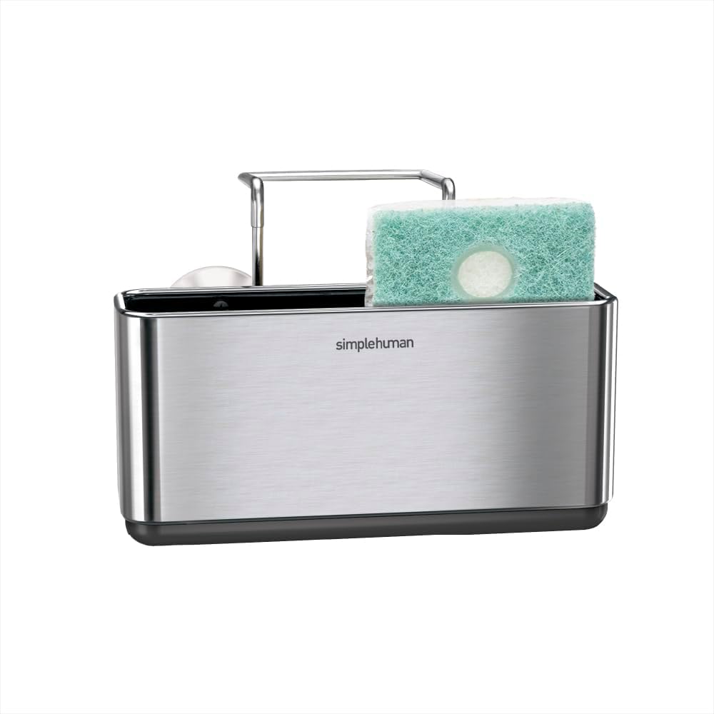 simplehuman Sink Caddy, Sponge Holder for Kitchen Sink with Compartment Dividers, 4 Suction Cups & Wire Ledge Hanger for Secure Mount, Vented Base for Fast Drying, Brushed Stainless Steel