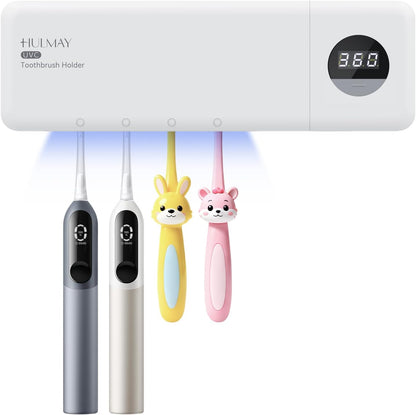 UV Toothbrush Sanitizer with Holder, Electric Toothbrush Holder Wall Mounted with Cover for 4 Slots, 2000mAh Rechargeable with Timer, Cordless Bathroom Organizer - White