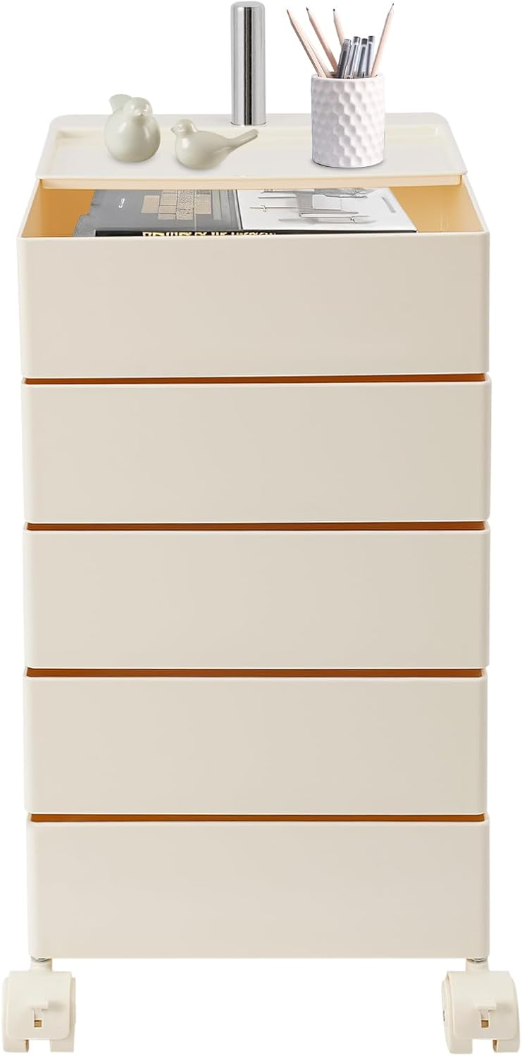 TFCFL 5 Tier Rolling Storage Cart, 360° Rotating Sofa Side Cabinet, Storage Cabinet Bedside Table for Bathroom Kitchen, Movable Narrow Cabinet with Wheels for Living Rooms, Kitchens, Offices (White)