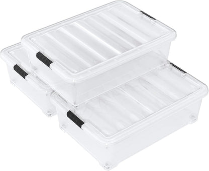 40 Quart Plastic Clear Underbed Storage Bin with Wheels, 3 Packs | Stackable Large Flat Under Bed Organization Boxes with Lids