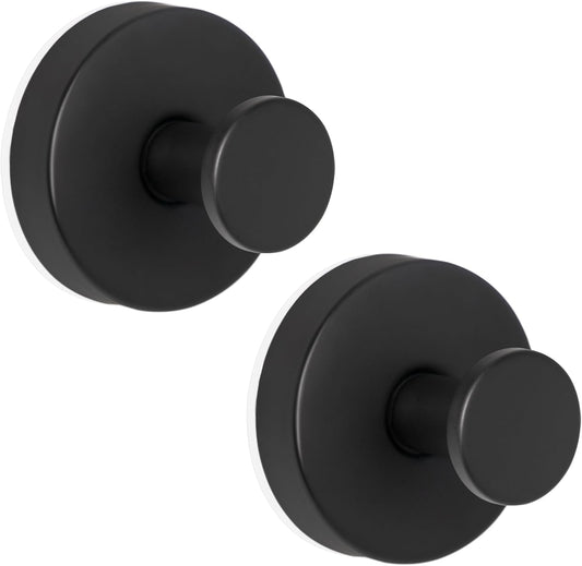 ZESLMG Adhesive Hooks for Shower, Black Self Sticky Hooks for Glass Window Kitchen Wall, Removable Bath Robe Loofah Door Wreath Coat Towel Hook No Damage for Hanging, 2 Pack