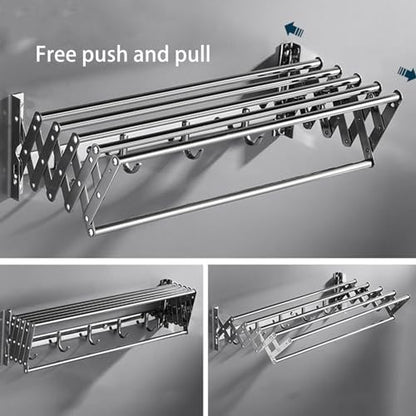 Stainless Steel Wall Mounted Towel Rack Clothes Airer Laundry Drying Rack Folding Adjustable Collapsible Space Saver Dryer Bath Towel Rail Bar with Hooks(Size:60cm)