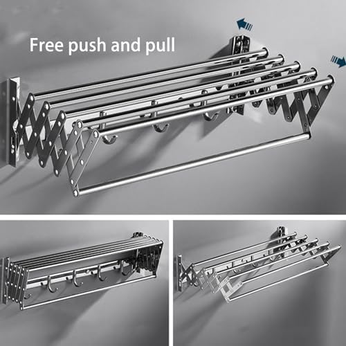 Stainless Steel Wall Mounted Towel Rack Clothes Airer Laundry Drying Rack Folding Adjustable Collapsible Space Saver Dryer Bath Towel Rail Bar with Hooks(Size:60cm)
