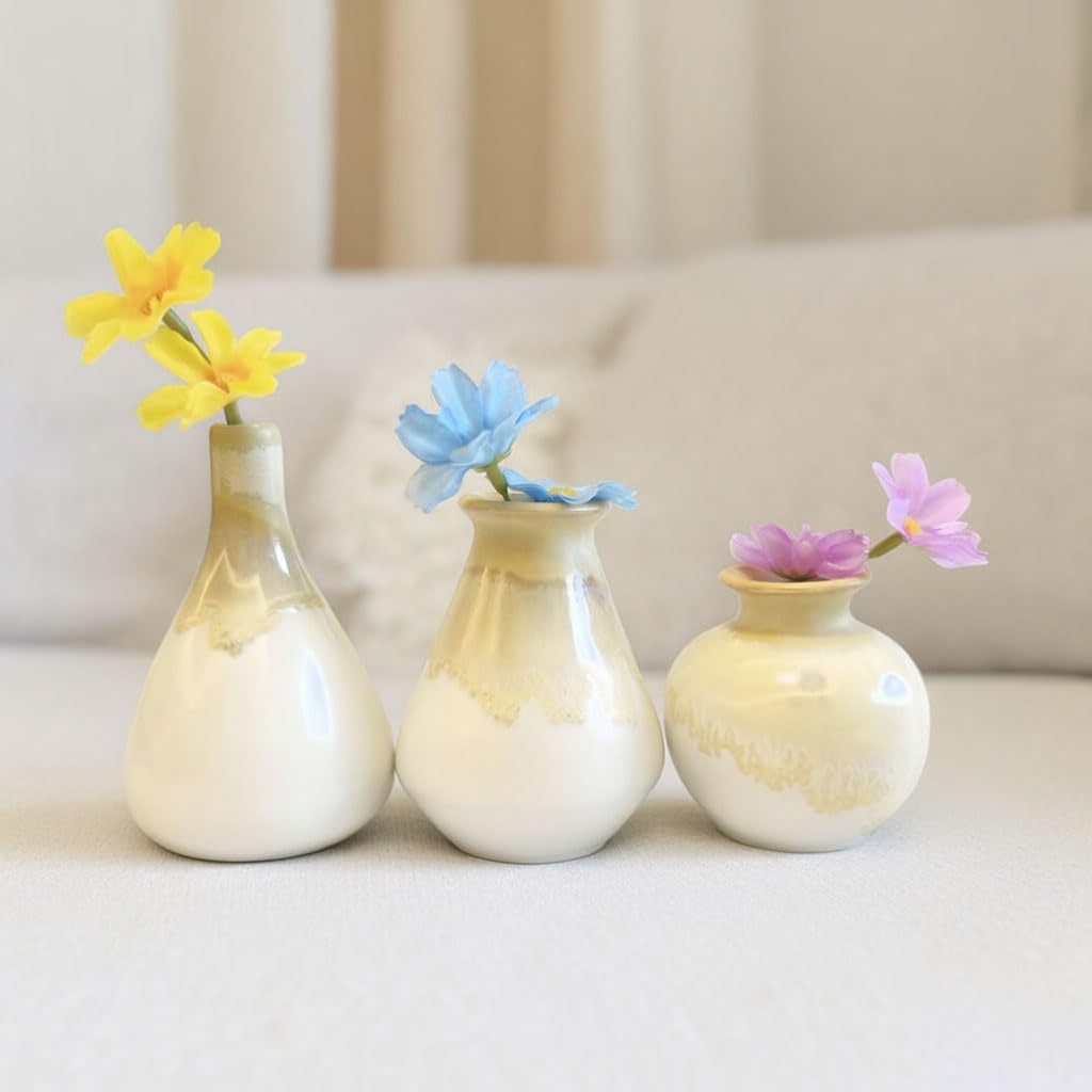 Daittin 3-Piece Ceramic Vase Set - Small Bud Vases for Dried/Fresh Flowers, Tabletop Decor for Living Room, Bedroom & Office, Compact & Stylish Decor Pieces for Gift Givers (Pink)