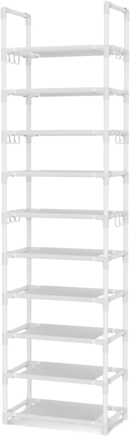 VTRIN 10 Tiers Tall Shoe Rack Holds 20-25 Pairs of Shoes Sturdy Vertical Shoe Organizer with 18pcs Hooks Stackable Narrow Shoe Rack for Closet, Entryway Black
