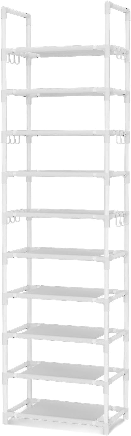 VTRIN 10 Tiers Tall Shoe Rack Holds 20-25 Pairs of Shoes Sturdy Vertical Shoe Organizer with 18pcs Hooks Stackable Narrow Shoe Rack for Closet, Entryway Black