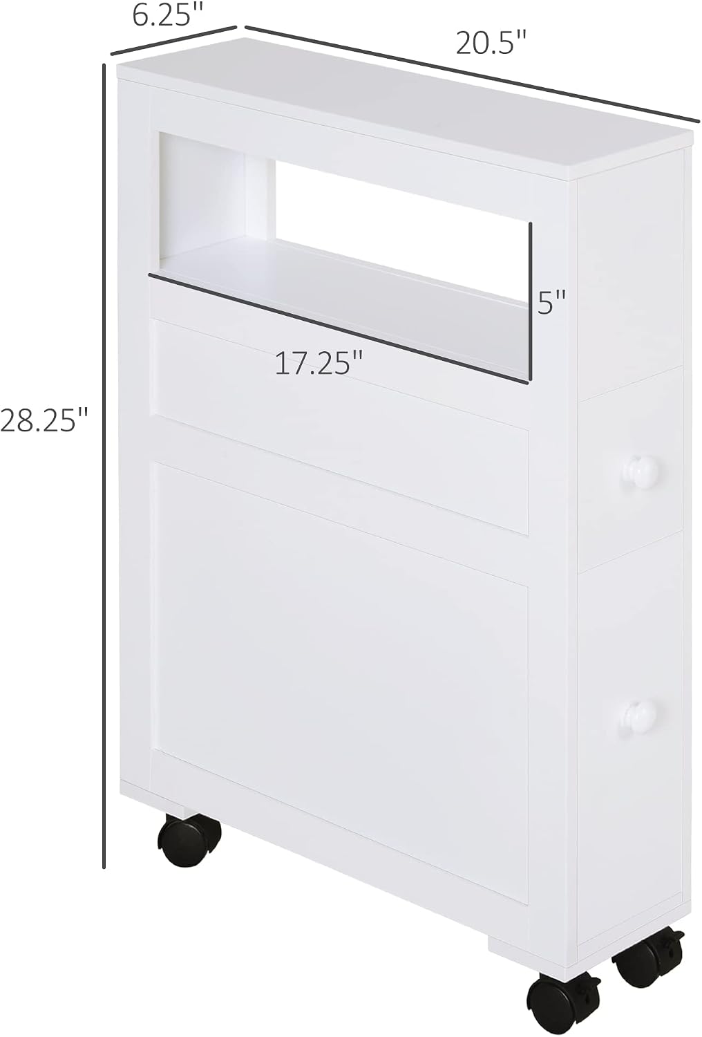 HOMCOM 6.25" x 20.5" x 28.25" Wood Rolling Narrow Bathroom Side Storage Cabinet - Gray