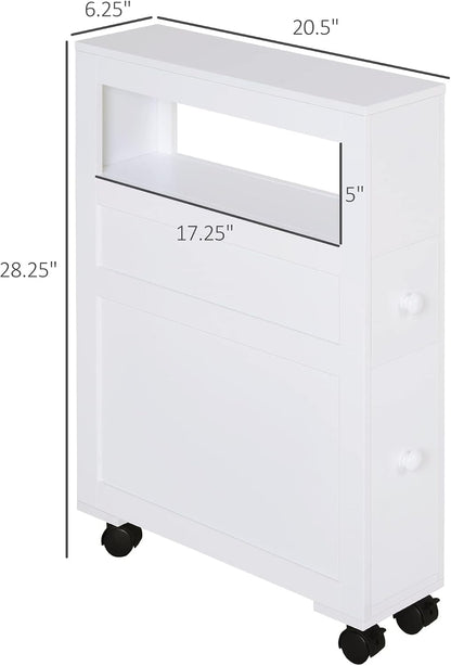 HOMCOM 6.25" x 20.5" x 28.25" Wood Rolling Narrow Bathroom Side Storage Cabinet - Gray