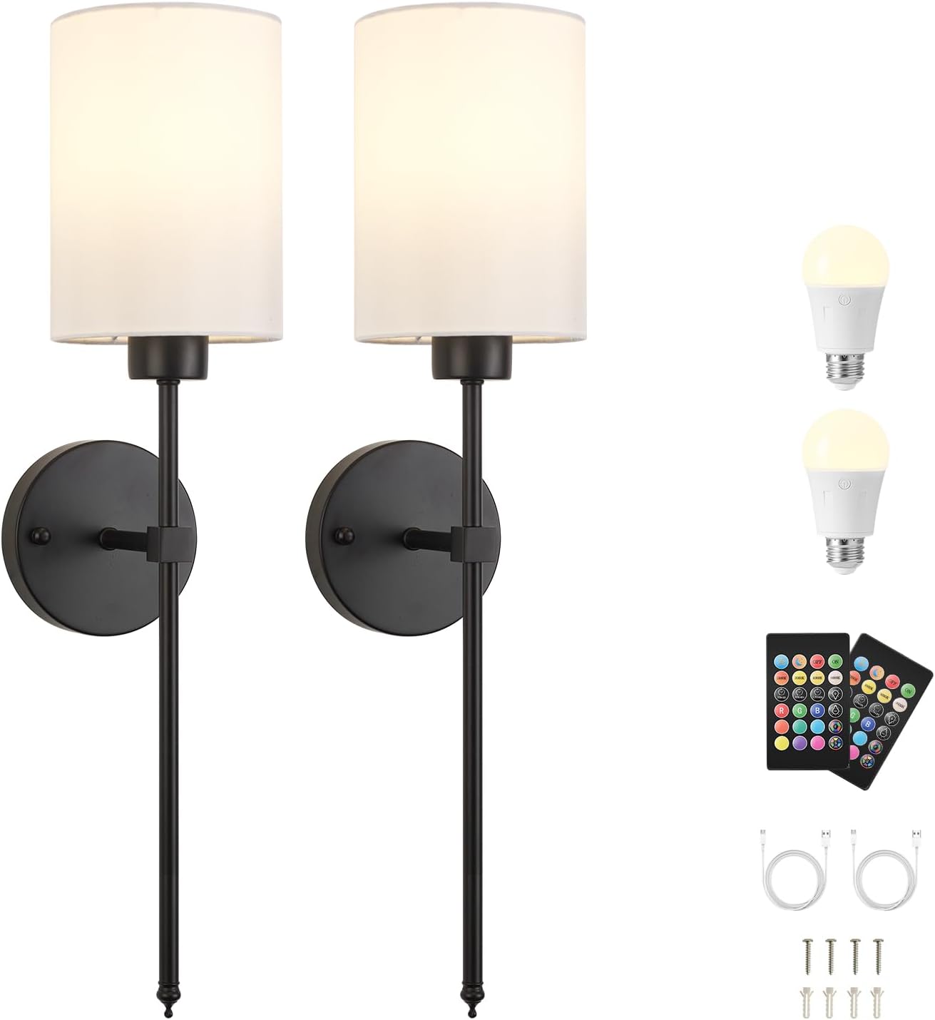 Battery Operated Wall Sconces Set of Two,Wireless Rechargeable Wall Light With Remote Control, Dimmable, Amber Light/Warm White/Natural White/Daylight/RGB, Timer,for Living Room,Bedroom,Entryway,Gold