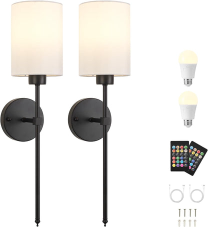 Battery Operated Wall Sconces Set of Two,Wireless Rechargeable Wall Light With Remote Control, Dimmable, Amber Light/Warm White/Natural White/Daylight/RGB, Timer,for Living Room,Bedroom,Entryway,Gold