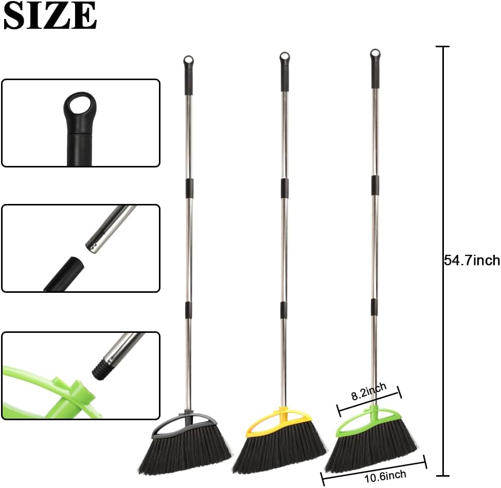 3 Pack Wide Heavy Duty Angle Broom - Stiff Bristle Outdoor Brooms for Sweeping Patio, Garden, Garage, Yard (Black, Yellow, Green)