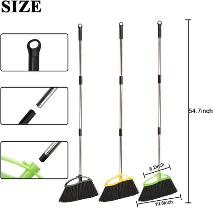 3 Pack Wide Heavy Duty Angle Broom - Stiff Bristle Outdoor Brooms for Sweeping Patio, Garden, Garage, Yard (Black, Yellow, Green)