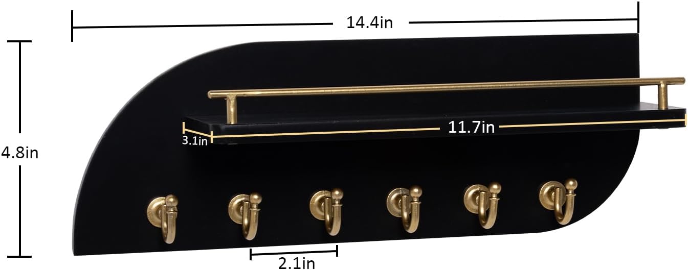Key Holder for Wall, Decorative Key and Mail Organizer with 6 Sturdy Metal Hooks and Floating Shelf, 14 Inches Wood Wall Mounted Key Rack for Entryway, White and Gold