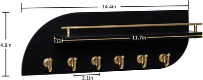 Key Holder for Wall, Decorative Key and Mail Organizer with 6 Sturdy Metal Hooks and Floating Shelf, 14 Inches Wood Wall Mounted Key Rack for Entryway, White and Gold