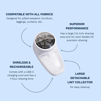Nori Trim Fabric Shaver - Lint Remover for Clothes & Furniture Couch Pilling - Sweater Pill Remover - Clothes Shaver with 6 Precision Blades - Wireless and Rechargeable - White