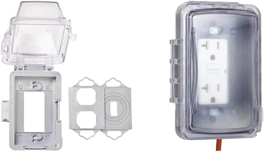 TayMac MM420C 1-Gang Nonmetallic Extra Duty Weatherproof In-Use Horizontal/Vertical 16-in-1 Standard Cover, 2.75 in, Clear & MM110C Weatherproof Single Outlet Outdoor Receptacle Cover, 5/8 Inches Deep