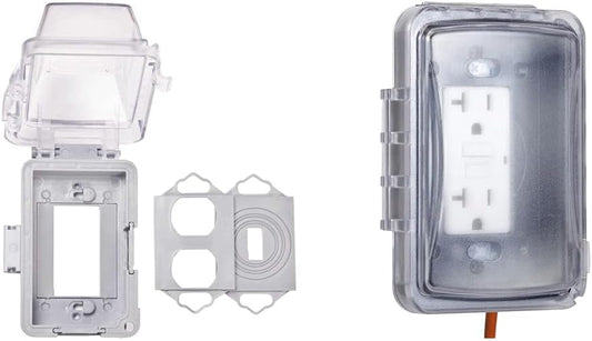 TayMac MM420C 1-Gang Nonmetallic Extra Duty Weatherproof In-Use Horizontal/Vertical 16-in-1 Standard Cover, 2.75 in, Clear & MM110C Weatherproof Single Outlet Outdoor Receptacle Cover, 5/8 Inches Deep