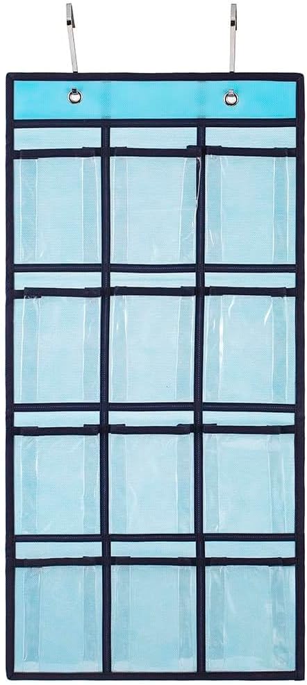 Classroom Pocket Chart For Cell Phones Calculators Over The Door Hanging Closet Underwear Sock Jewelry Organizer Holder 12 Clear Pockets (PURPLE)