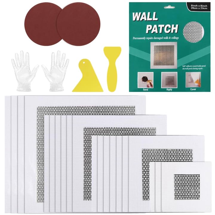 25 Pcs Drywall Repair Kit - 4/6/8/10 Inch Wall Patch Repair Kit for Large Holes, Dry Wall Patch Kits with Scraper Sandpapers Gloves, Quick Fix for Ceiling Bathroom Wall Damage