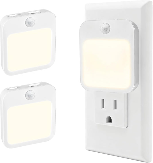 Plug-in Night Light with Motion Sensor, Dusk-to-Dawn Light Sensor, Stepless Dimming LED Night Lights for Bedroom, Hallway, Bathroom, Kids Room, Energy Efficient, 4-Pack