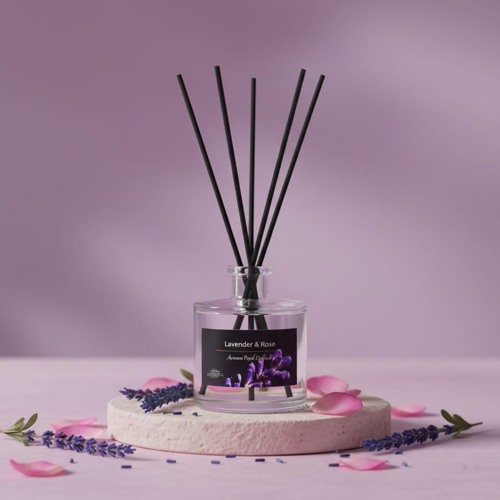 Reed Diffuser Set, Lavender & Rose 3.52 oz (100ml) Scented Diffuser with Sticks Home Fragrance Reed Diffuser for Bathroom Shelf Decor, Ideal Gift for Woman