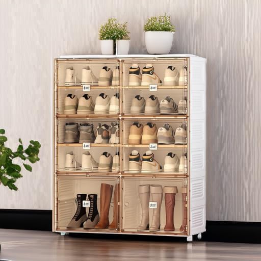ANTBOX Portable Shoe Rack Organizer for Closet Entryway, Stackable Sneaker Storage Shoe Cabinet with Magnetic Clear Door, Large Plastic Storage containers Bins with Lids 7 Tiers 28 Pairs
