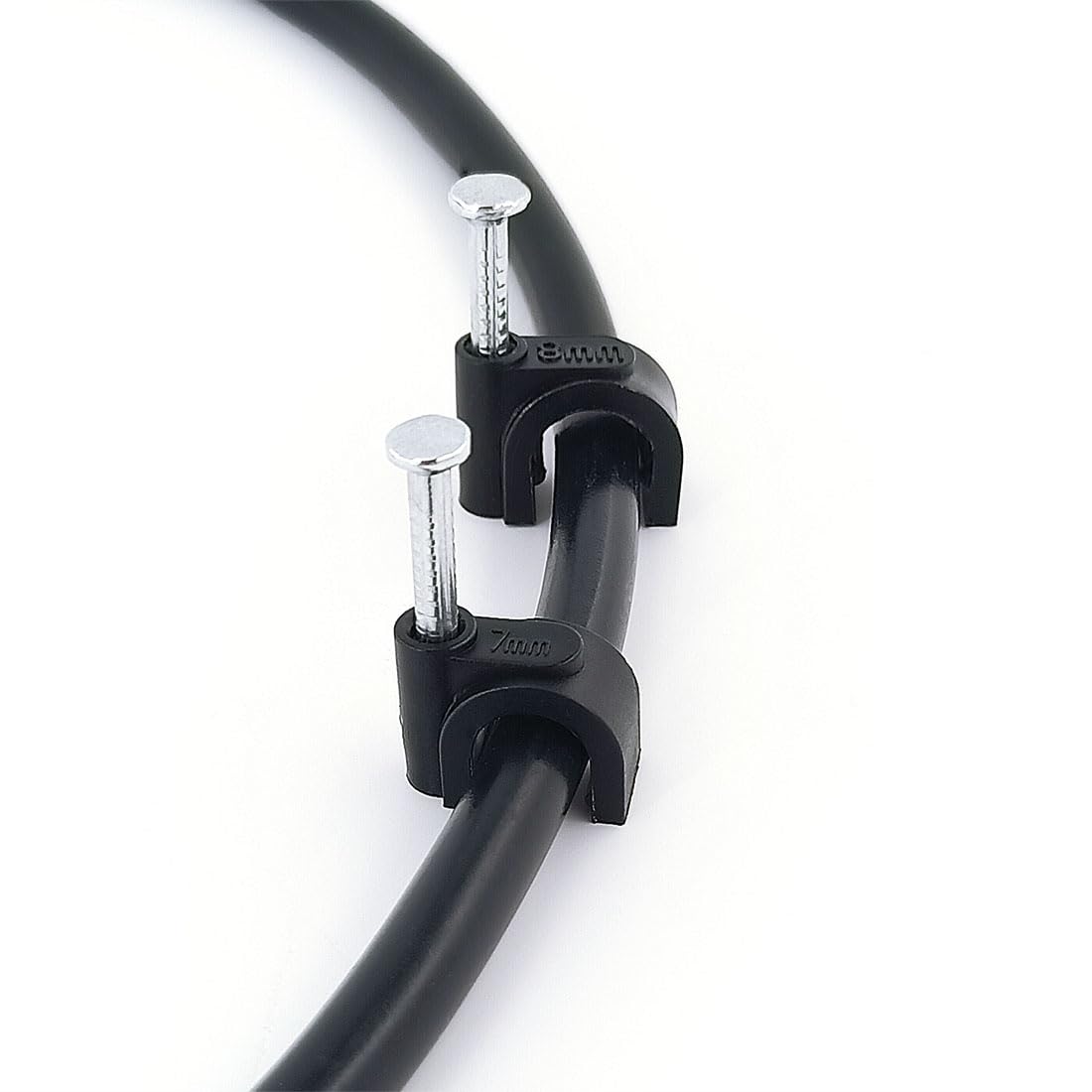 HS 7mm Ethernet Cat6 Cable Clips Clamps RG6 with Steel Nail (200 Pack) Wire Clips Black for Wall,Cord Management