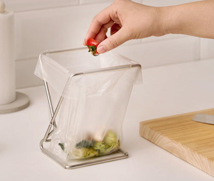 WAGENSTEIGER Foldable Stainless Steel Trash Bag Holder 13×17cm (5.12" × 6.69") Compact Countertop Waste Stand for Kitchen Food Prep, Desktop Use & Camping | Easy-Fold Space-Saving Bag Frame