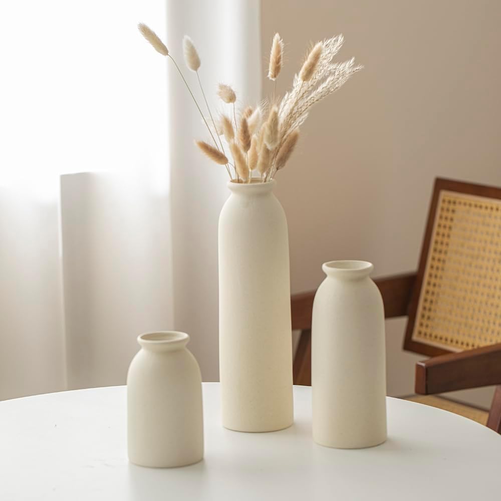 Ceramic Vase Set-3, Small Flower Vases for Decor, Modern Boho Farmhouse Style, Decorative Vases for Pampas Grass & Dried Flowers, Distressed Finish (Beige)