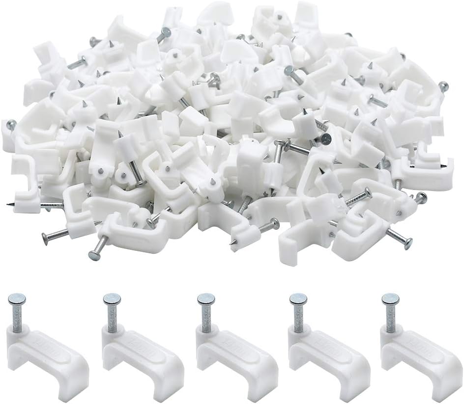 Flat Ethernet Cable Wire Clips with Nail, 14mm, White | Single Coaxial Cable Clamps, Cable Management