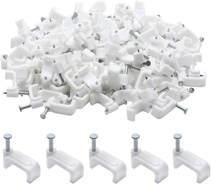Flat Ethernet Cable Wire Clips with Nail, 14mm, White | Single Coaxial Cable Clamps, Cable Management