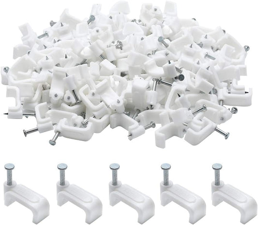 Flat Ethernet Cable Wire Clips with Nail, 14mm, White, 100pcs | Single Coaxial Cable Clamps, Cable Management