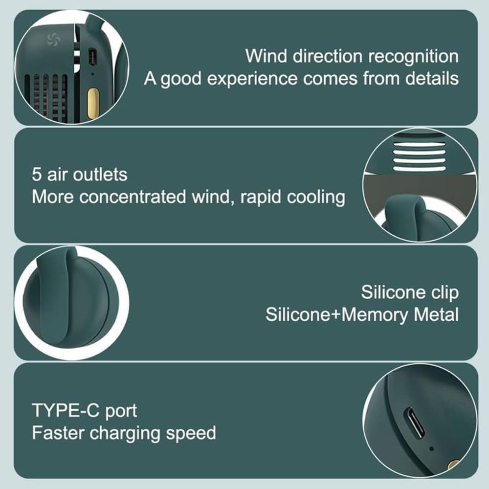 TFQXA1Z Portable Silent Clip On Bladeless Fan, Rechargeable Wearable Fan - Hands-Free Waist & Neck Cooling, 3 Speeds, 6H Runtime, USB-C Fast Charge (White)