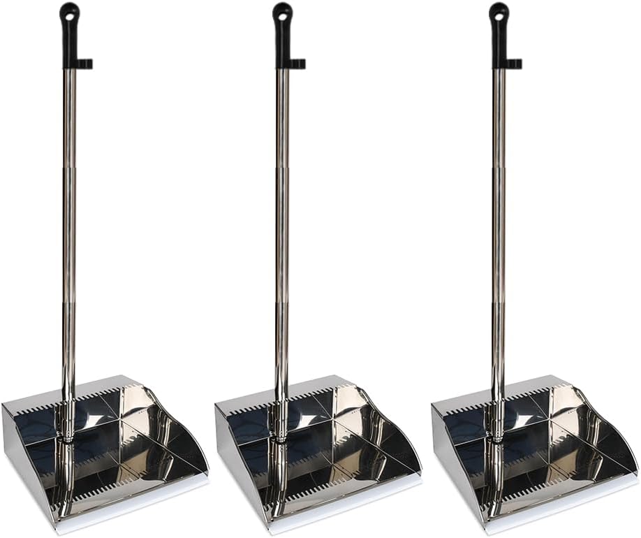 Stainless Steel Dustpan with Outdoor Stiff Bristles Broom,Long Handle Metal Dust Pan and Heavy Duty Broom for Home,Lobby,Office