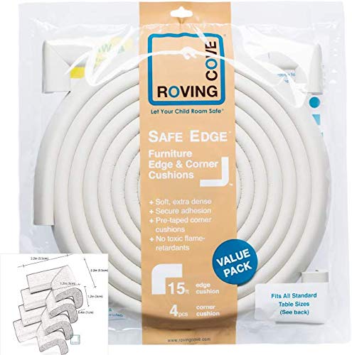 Roving Cove Slimfit Corner Edge Protector for Baby Proofing (Small 15ft Edge 4 Corners), Furniture Safety Bumper Guard, Soft NBR Rubber Foam, 3M Adhesive, Oyster White (Off White)