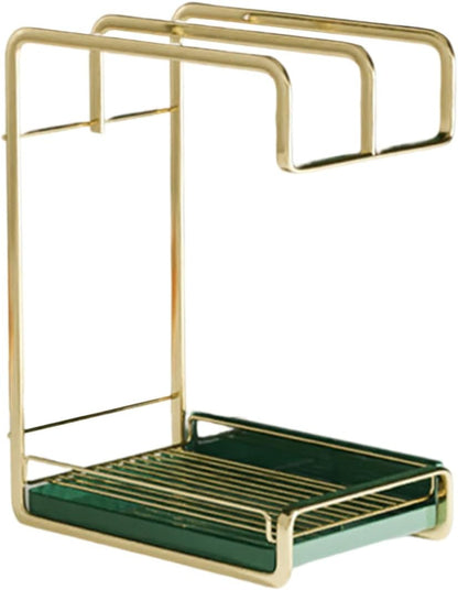 Cabilock Kitchen Wall Mounted Iron Draining Rack with Triple Rods for Dish Cloth and Sponge Storage Space Saving Tableware Drying Organizer in Gold Practical Kitchen Cleaning Tool Holder
