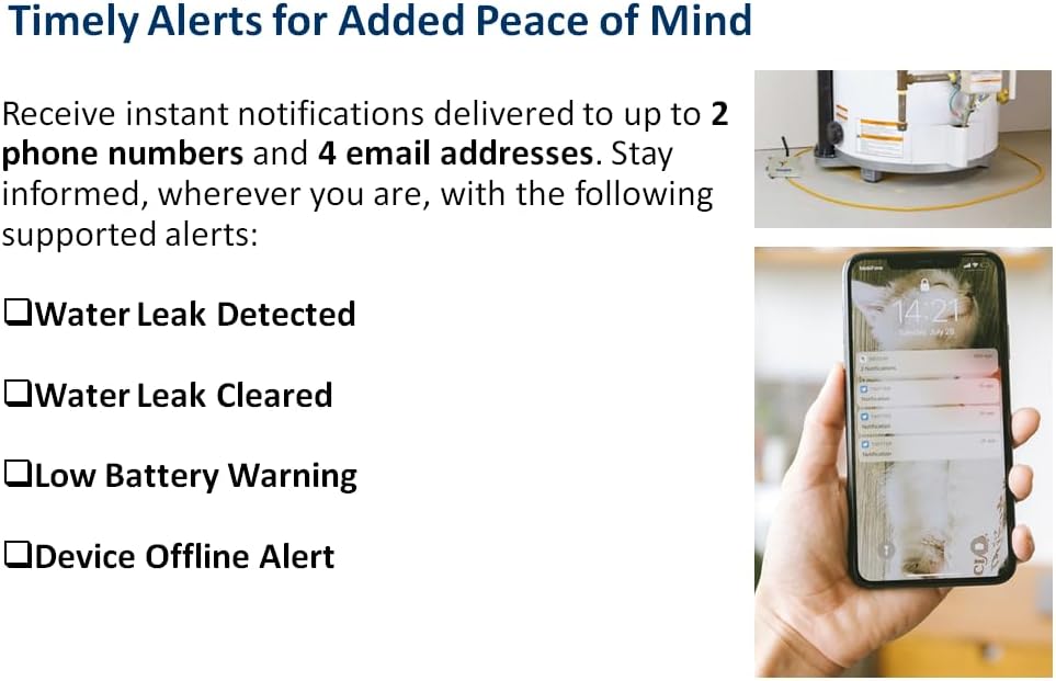 WiFi Water Leak Detector with 6.5 ft Sensing Cable, Whole-Area Leak Detection, Text Message, Email & Audible Alerts, Battery Powered