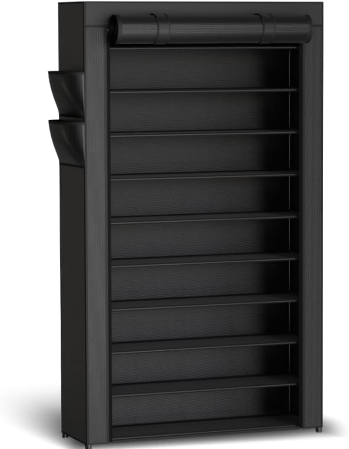 Kitsure Shoe Rack - 10-Tier Large Capacity Shoe Organizer Shelf with Dust Cover & Side Pockets, Rust-Proof Metal Shoe Rack for Closet, Entrance, Living Room, 17.5" x 12.4" x 69.3", Black
