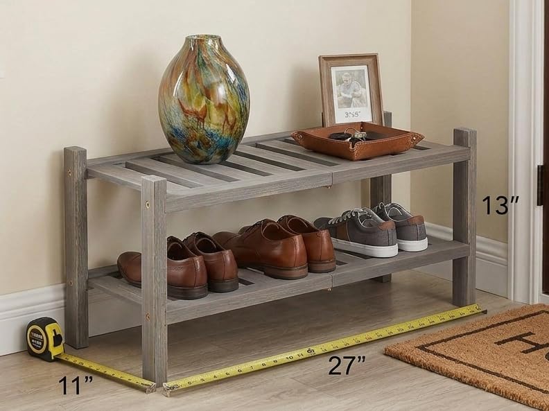 2-Tier Acacia Wood Stackable Shoe Rack - Brush Teak