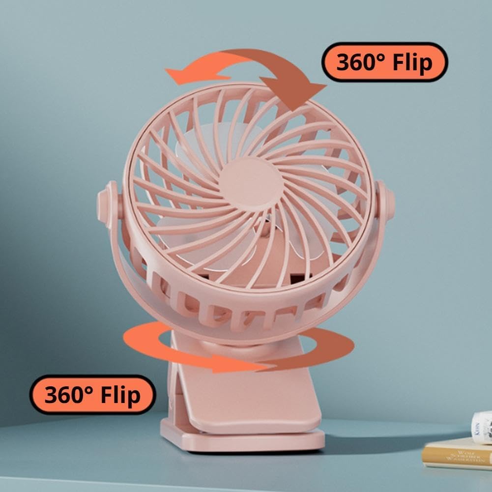 Portable Mini Clip On Fan – 4-in-1 USB Desk Fan with Night Light, Wall-Mounted Stand, Strong Clamp, 3 Speeds, Quiet Circulating Rechargeable Personal Fans for Dorm Bedroom Office Stroller (Pink)