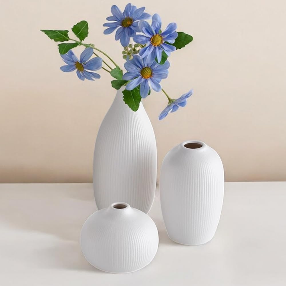 Ceramic Vase Set of 3 - Small Modern Minimalist Ceramic Bud Vases for Home Decor - Boho Aesthetic Flower Vases for Desk, Shelf & Table, Mantle, Bookshelf (Cute & Versatile) (Neutral Mix)