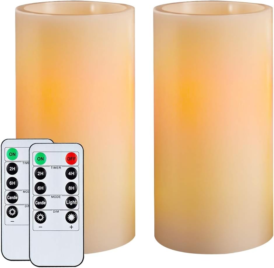 Homemory 9" x 3" Flameless Candles Battery Operated, Flickering LED Pillar Candles with Timers and 2 Remote Controls, Indoor Only, Flat Top, Ivory White Wax, Set of 2