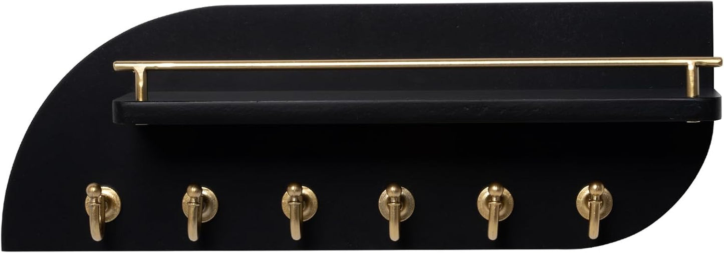 Key Holder for Wall, Decorative Key and Mail Organizer with 6 Sturdy Metal Hooks and Floating Shelf, 14 Inches Wood Wall Mounted Key Rack for Entryway, White and Gold