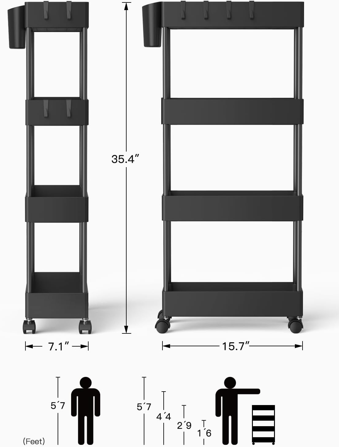 Pipishell Slim Storage Cart with Wheels - Bathroom Cart Organizer Storage, 4 Tier Rolling Carts for Bathroom, Laundry Room, Kitchen, Narrow Space, Black PIUC05