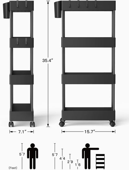 Pipishell Slim Storage Cart with Wheels - Bathroom Cart Organizer Storage, 4 Tier Rolling Carts for Bathroom, Laundry Room, Kitchen, Narrow Space, Black PIUC05