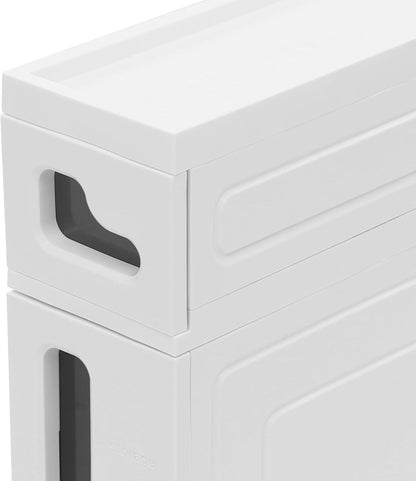 Narrow Bathroom Storage Cabinet with Drawers, 5.5" Slim Floor Standing Rolling Cart on Lockable Wheels, PP Unit with Toilet Paper Holder for Small Space, Kitchen, Laundry Room (3 Tier)