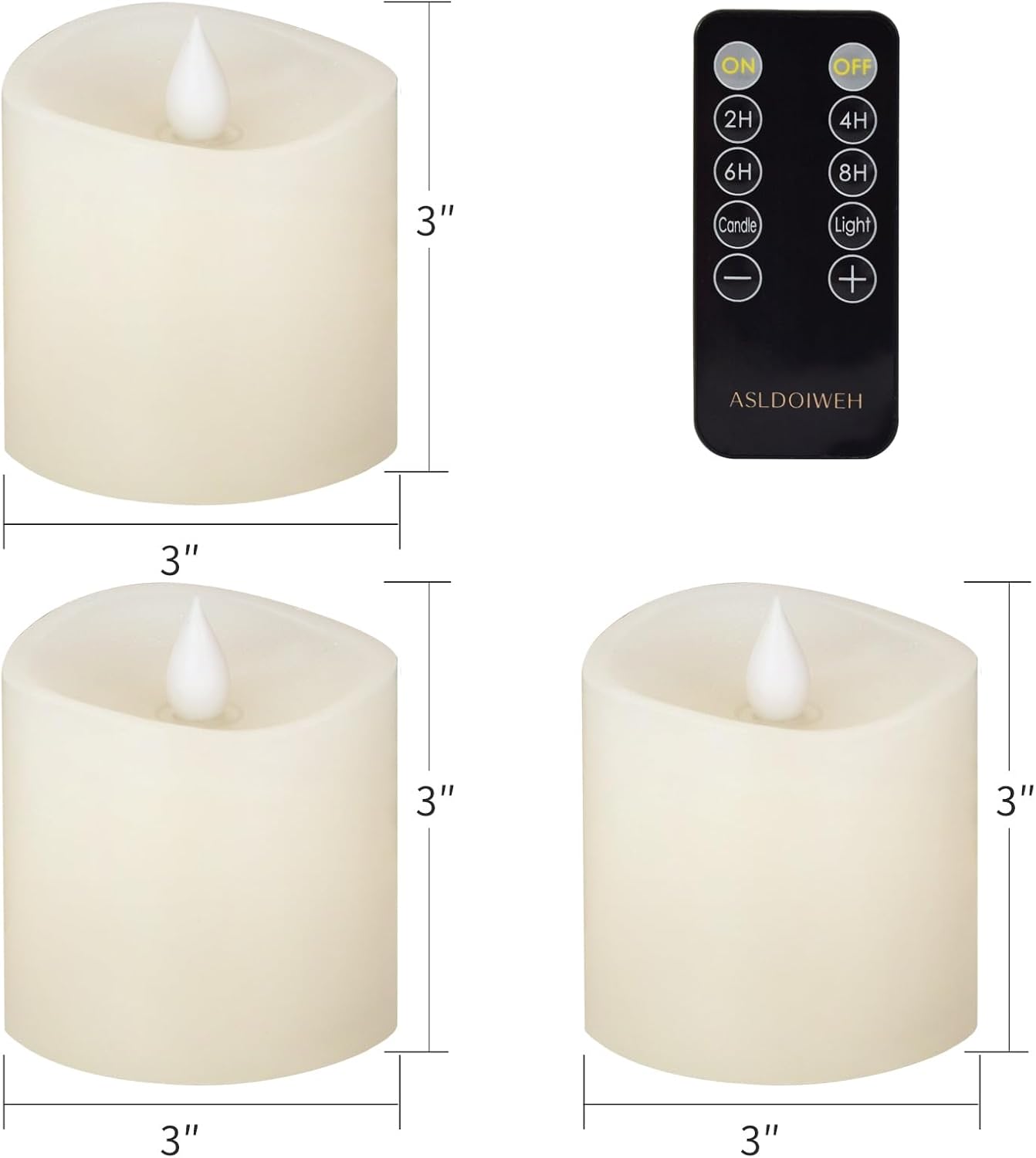 3x3 Flickering Flameless Candles Set of 2, 2AA Battery Life 600 Hours Battery Candles Flickering with Timer,3 inch Flameless Candles with Remote for Indoor/Outdoor, Ivory