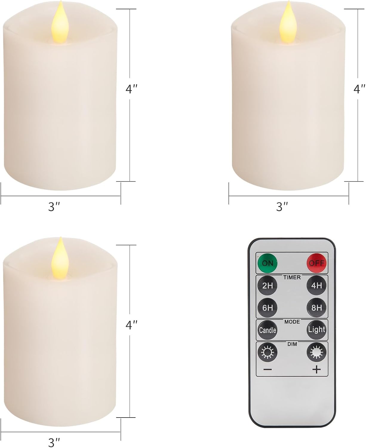 3x3 Flameless Candles with Remote Set of 2, 3 inch Battery Candles Flickering with Timer, LED Pillar Candle for Indoor/Outdoor, White
